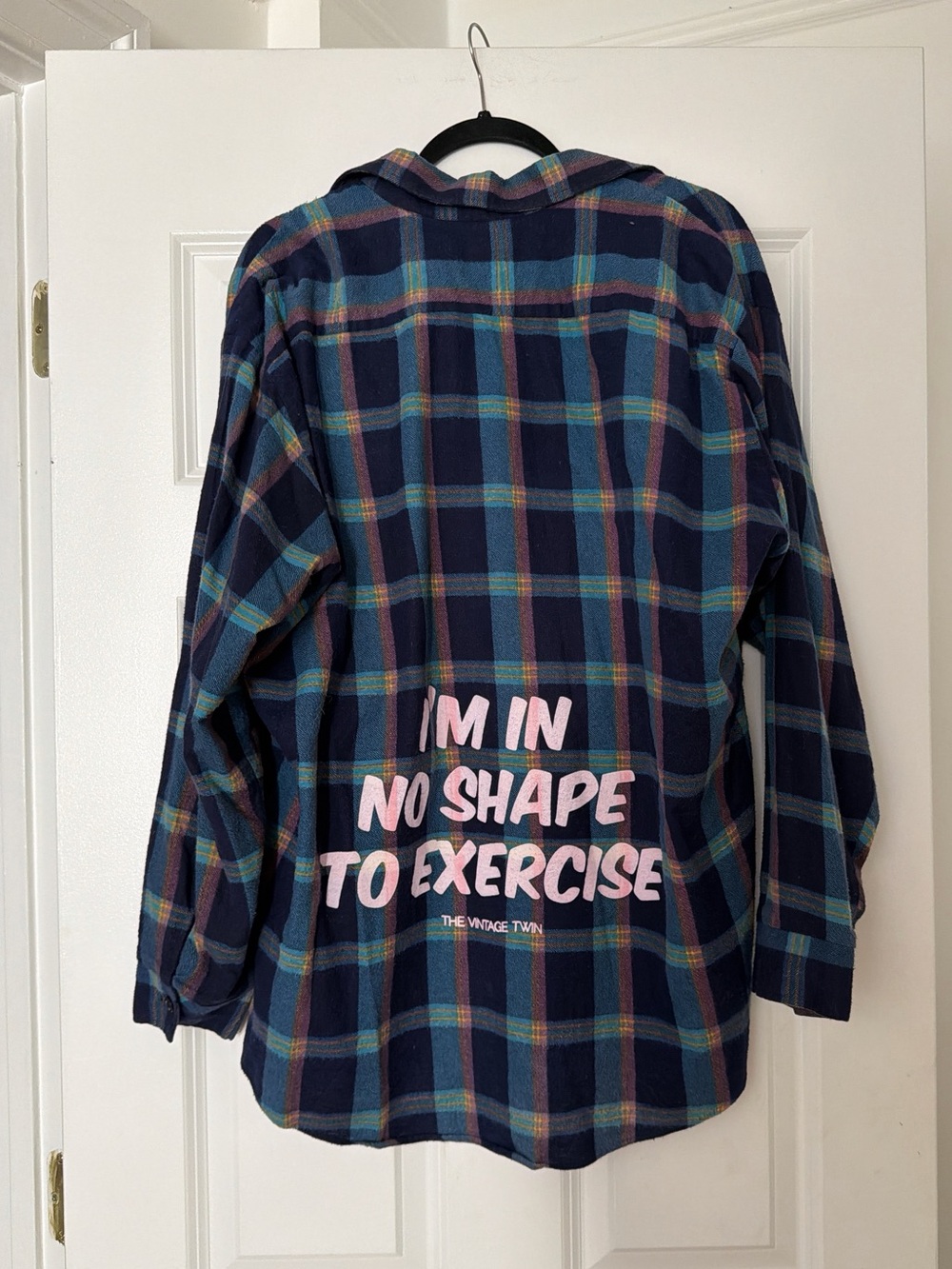 Navy Plaid Button-Down Shirt with Pink Graphic